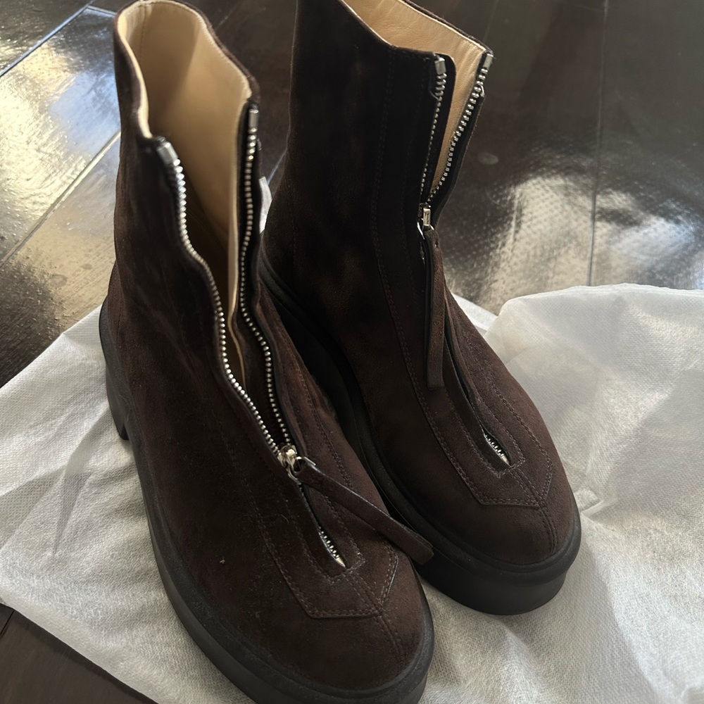 The Row Suede Zipped Boots in Dark Brown